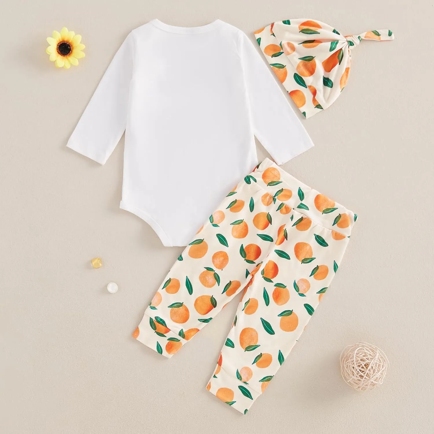 Little Cutie Baby Girl Fall Outfits Long Sleeve Romper Orange Pants Knot Hat Clementine Coming Home Clothing Set