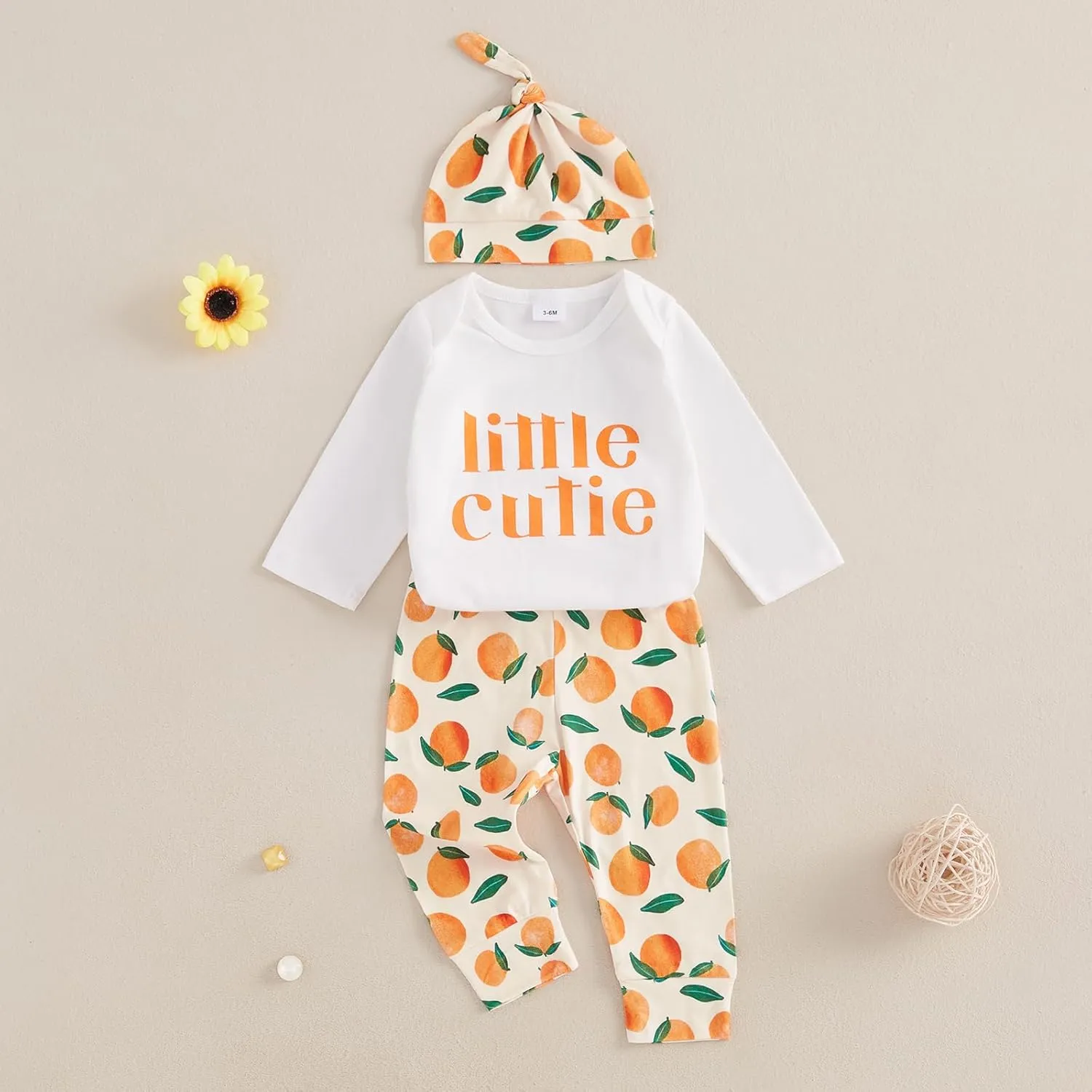 Little Cutie Baby Girl Fall Outfits Long Sleeve Romper Orange Pants Knot Hat Clementine Coming Home Clothing Set