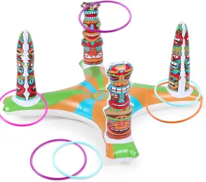 Luau Tiki Ring Toss Game with 8 Rings, Hawaiian Summer Pool Water Games Inflatable Toy for Boy Girl Adults Family Indoor Outdoor Tropical Aloha Holiday Luau Party Supplies