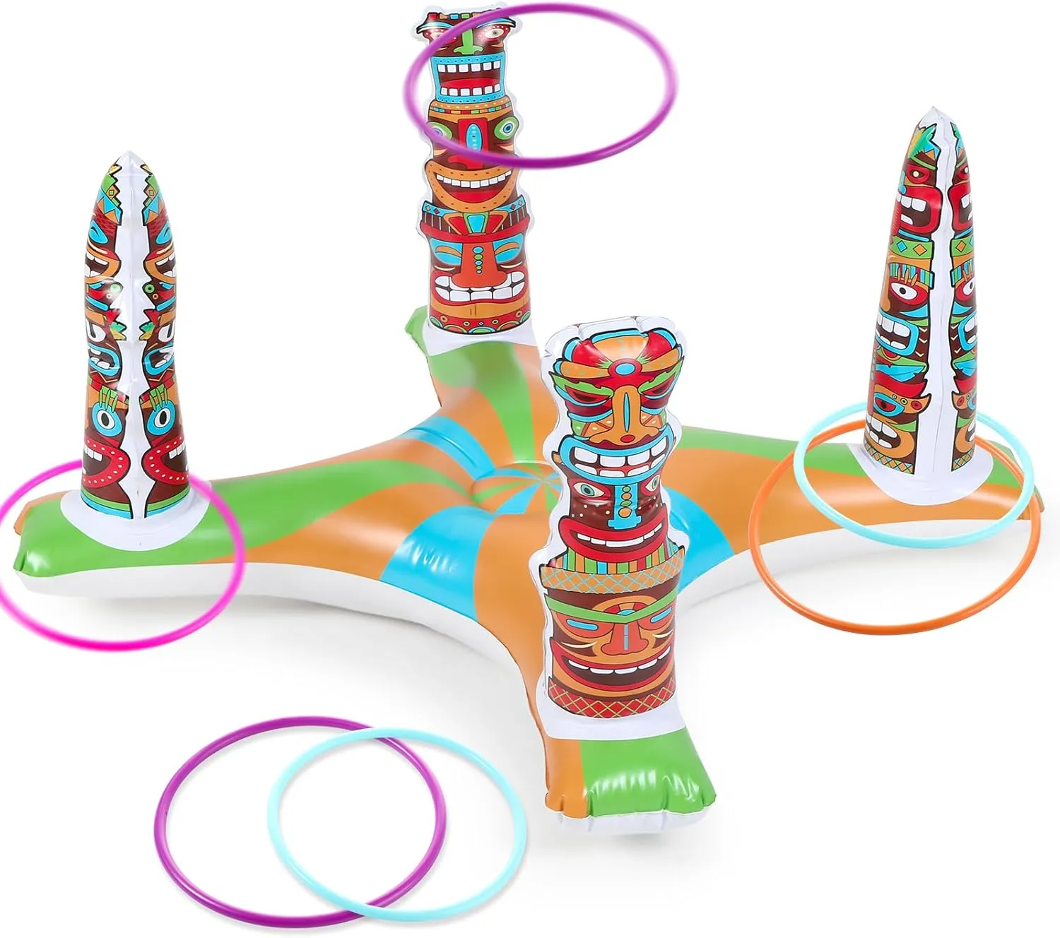 Luau Tiki Ring Toss Game with 8 Rings, Hawaiian Summer Pool Water Games Inflatable Toy for Boy Girl Adults Family Indoor Outdoor Tropical Aloha Holiday Luau Party Supplies