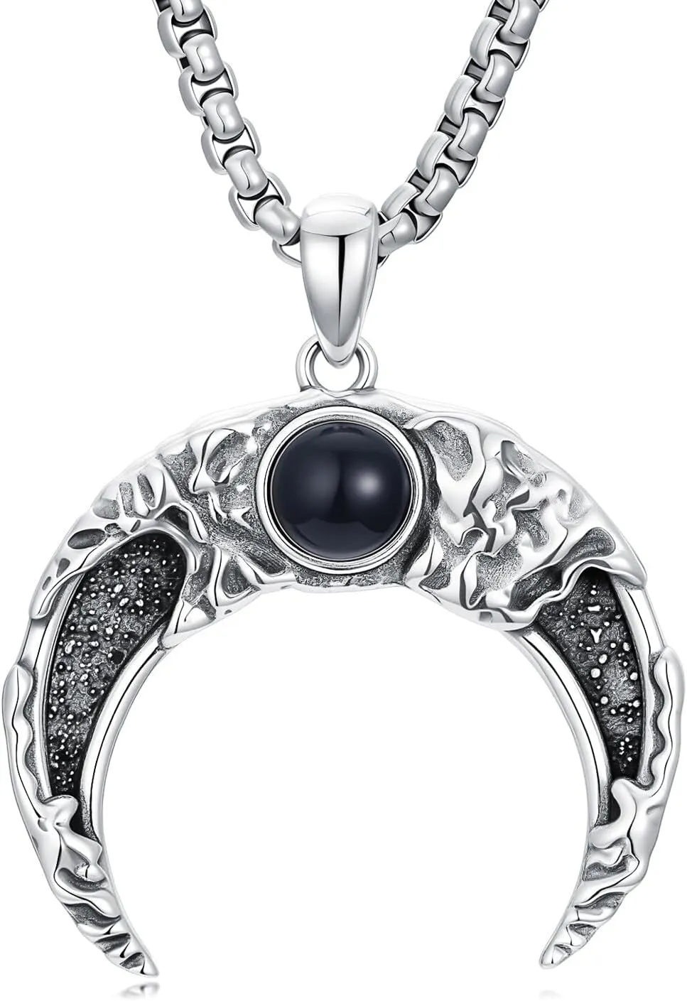 Moon Necklace 925 Sterling Silver Black Obsidian Crescent Moon Pendant Jewelry for Men, w/Stainless Steel Chain 22'' 2''