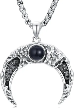 Moon Necklace 925 Sterling Silver Black Obsidian Crescent Moon Pendant Jewelry for Men, w/Stainless Steel Chain 22'' 2''