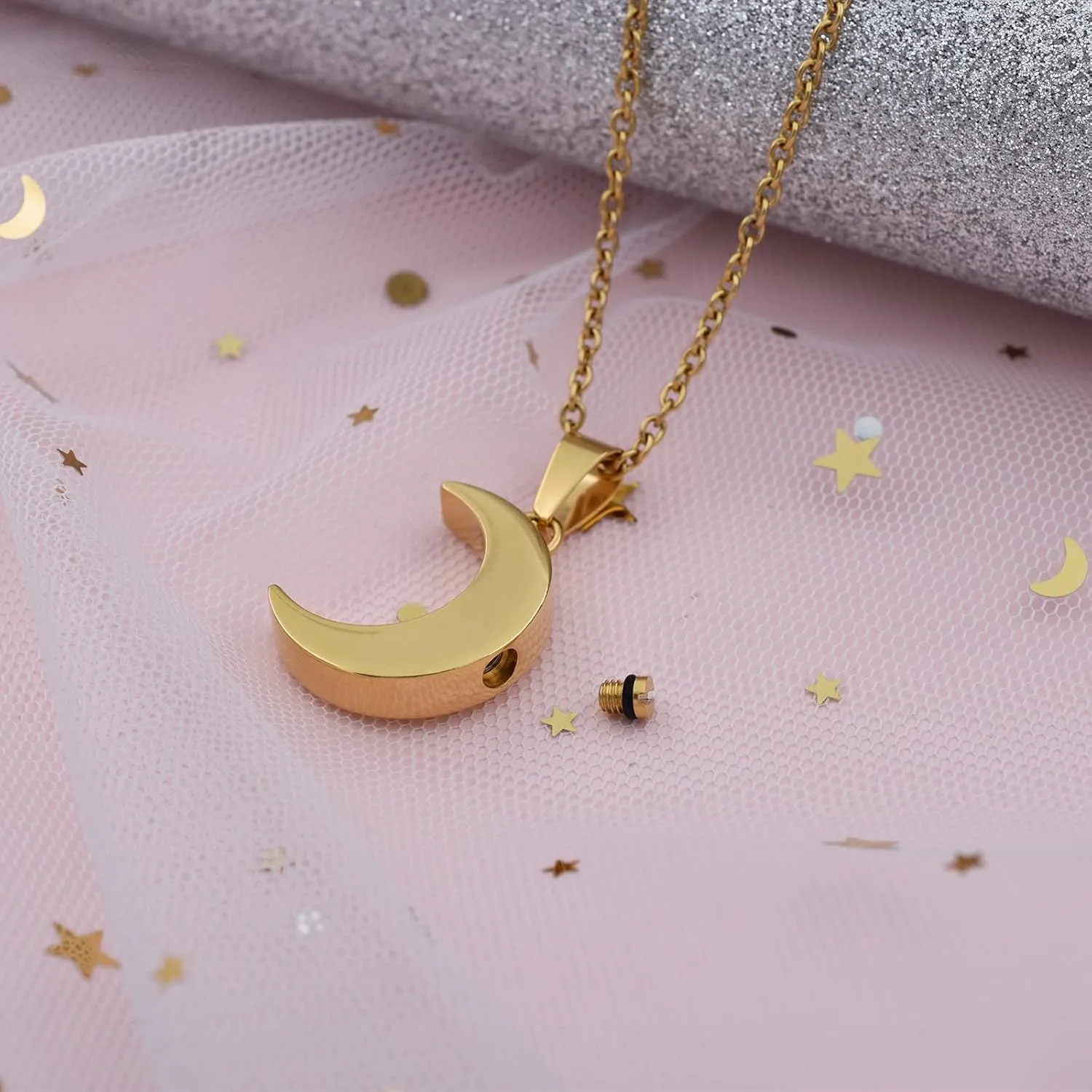 Moon Urn Necklaces for Ashes Stainless Steel Cremation Jewelry for Ashes Keepsake Urn Necklace for Human Pet Ashes Memorial Jewelry for Women Men Funeral Jewelry