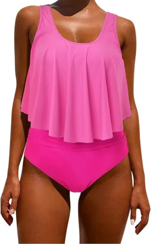 OMKAGI Women's Ruffle Bikini Swimsuit High Waisted Bottom Plus Size Swimwear Tankini