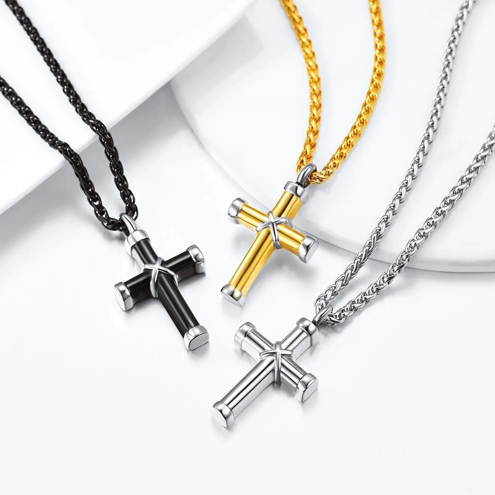 PROSTEEL Mens Urn Necklace for Ashes, Gold Plated/Black Stainless Steel Cross Memorial Cremation Pendant, Keepsakes Jewelry, 22"-24", Come with Box