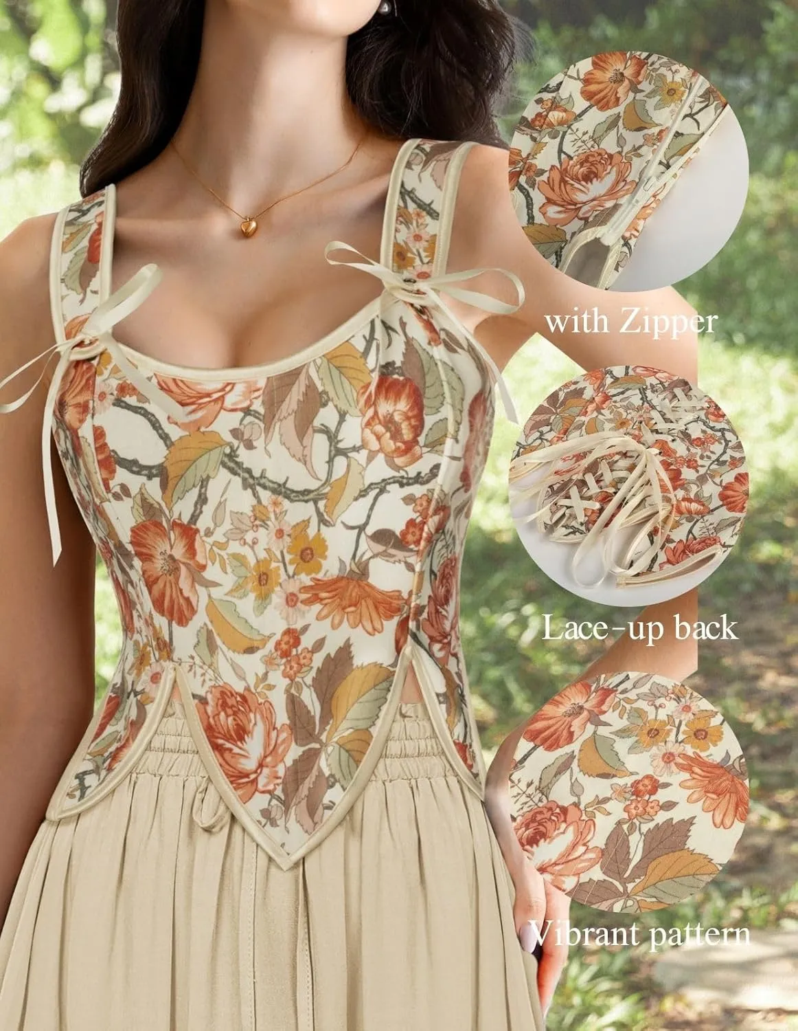 Scarlet Darkness Renaissance Corset Tops for Women Floral Lace Up Boned Bustier with Zip