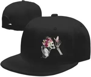 Skull and Rose Hats for Women Snapback Hats for Men Skeleton Cap Black Flat Bill Brim Trucker Snap Backpack Hat Fitted Skull Hats Adjustable