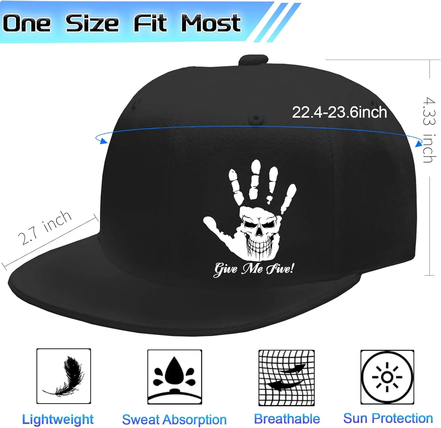 Snapback Hats for Men Flat Bill Brim Hats Skeleton Skull Hat Fitted Hat Adjustable Baseball Hat Black Cool Hat Men