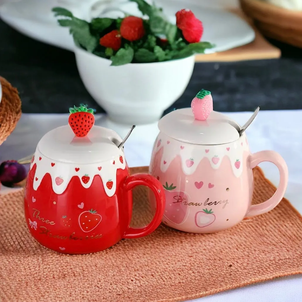 Strawberry Desert Mug With Lid & Spoon