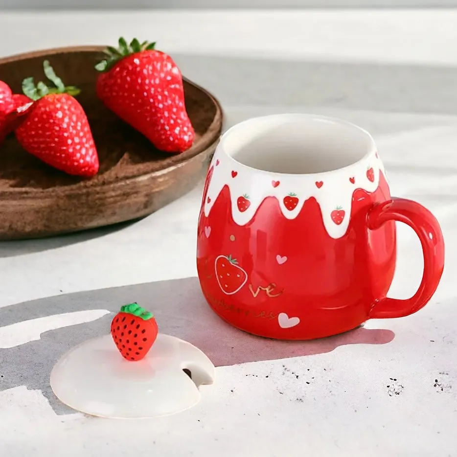 Strawberry Desert Mug With Lid & Spoon