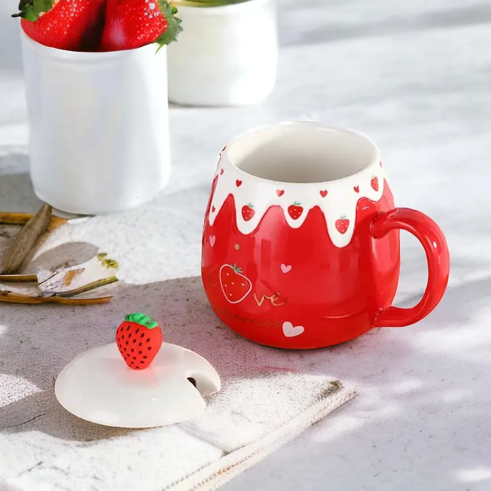 Strawberry Desert Mug With Lid & Spoon