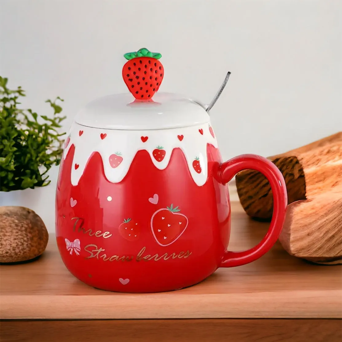 Strawberry Desert Mug With Lid & Spoon