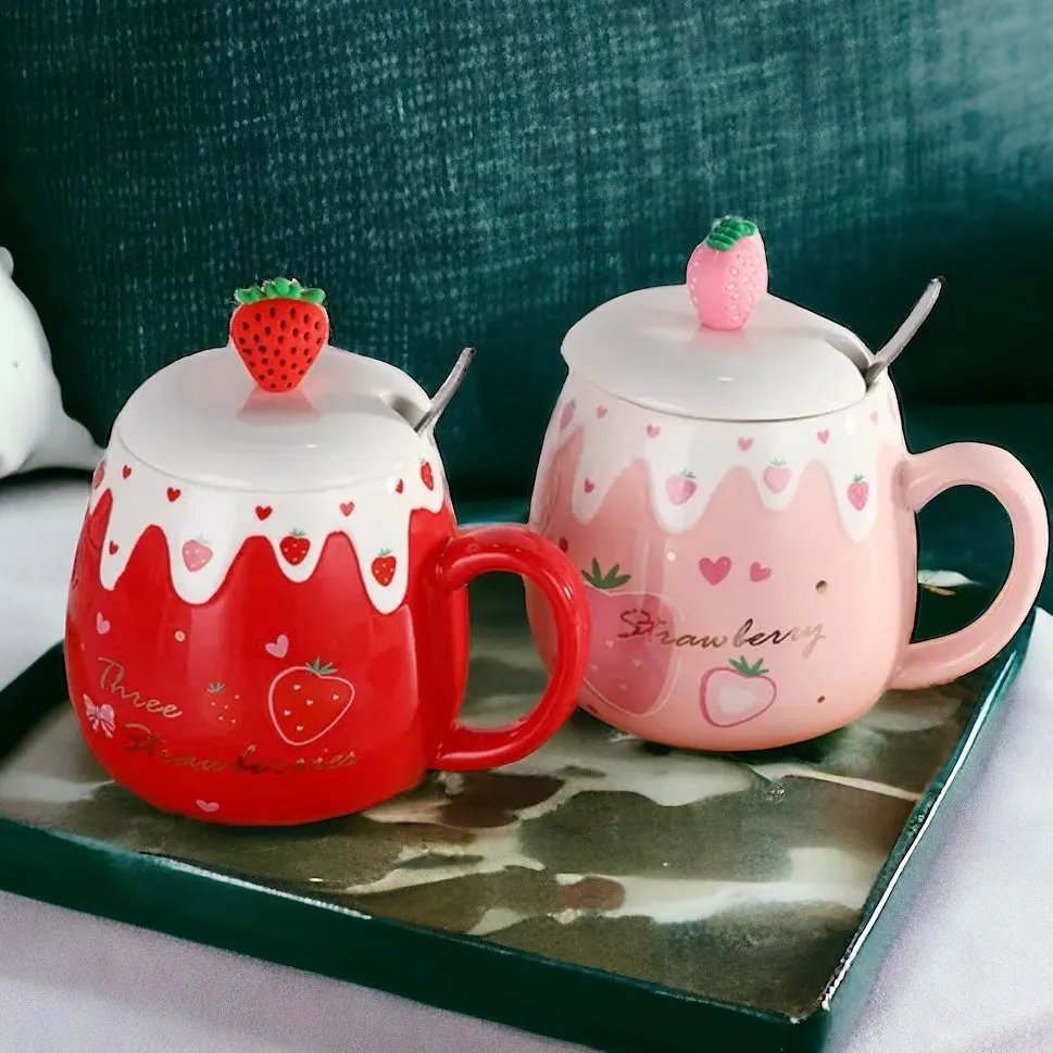 Strawberry Desert Mug With Lid & Spoon