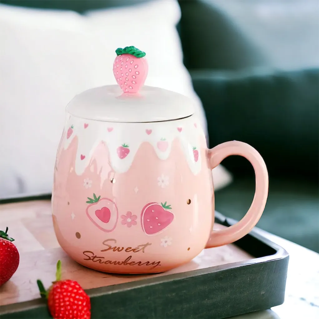 Strawberry Desert Mug With Lid & Spoon