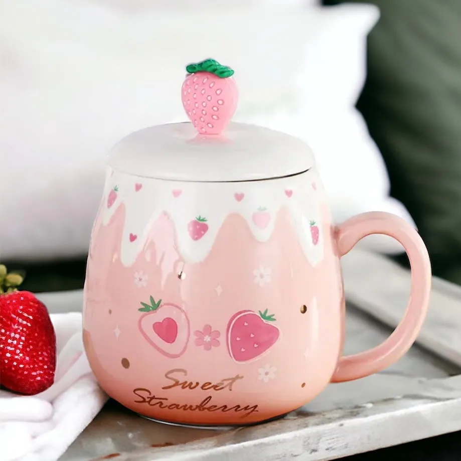 Strawberry Desert Mug With Lid & Spoon