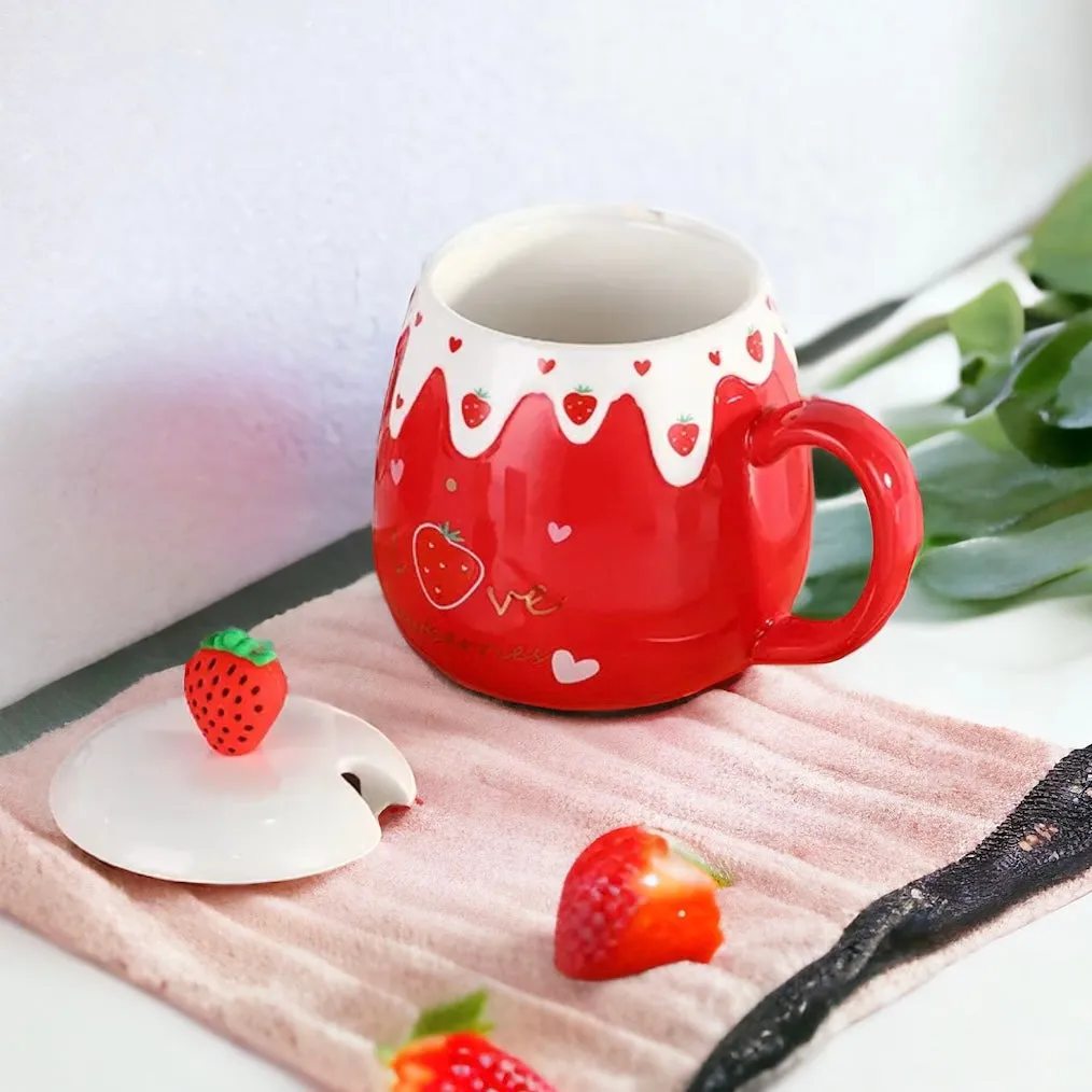Strawberry Desert Mug With Lid & Spoon