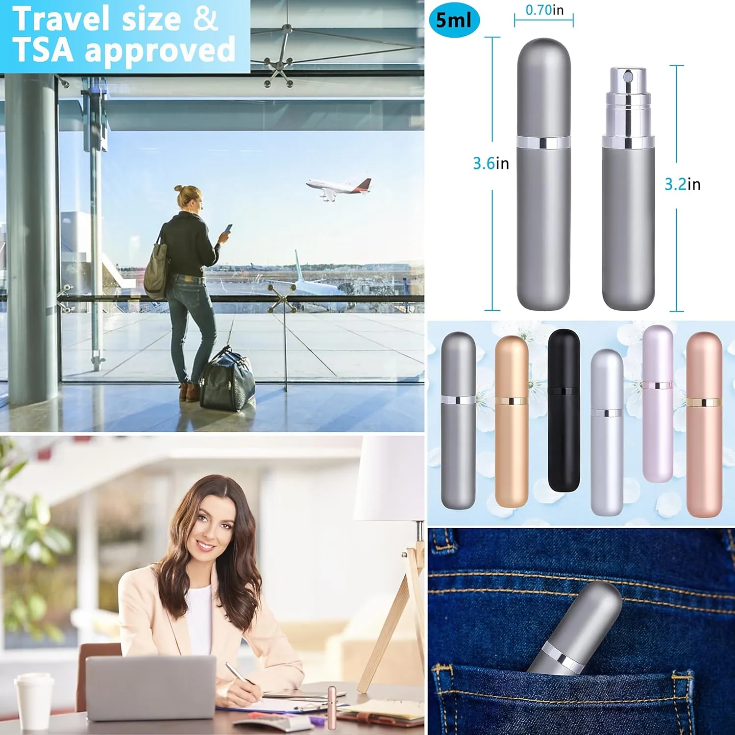 Travel Refillable Perfume Atomizer Bottle 2-Pack 5ml Leakproof Travel Perfume Refillable Bottle (Gray & Gray)