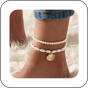 Vintage Layered Shell Pearl Anklet White Pearl Anklet Gold Scallop Shell Anklet Bracelet Pearl Bead Anklet Foot Chain Pearl Stretch Anklet Jewelry for Women