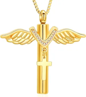 XSMZB Wings Cylinder Cremation Jewelry for Ashes Pendant Cross Urn Necklace for Ashes for Men Women Keepsake Locket Jewelry