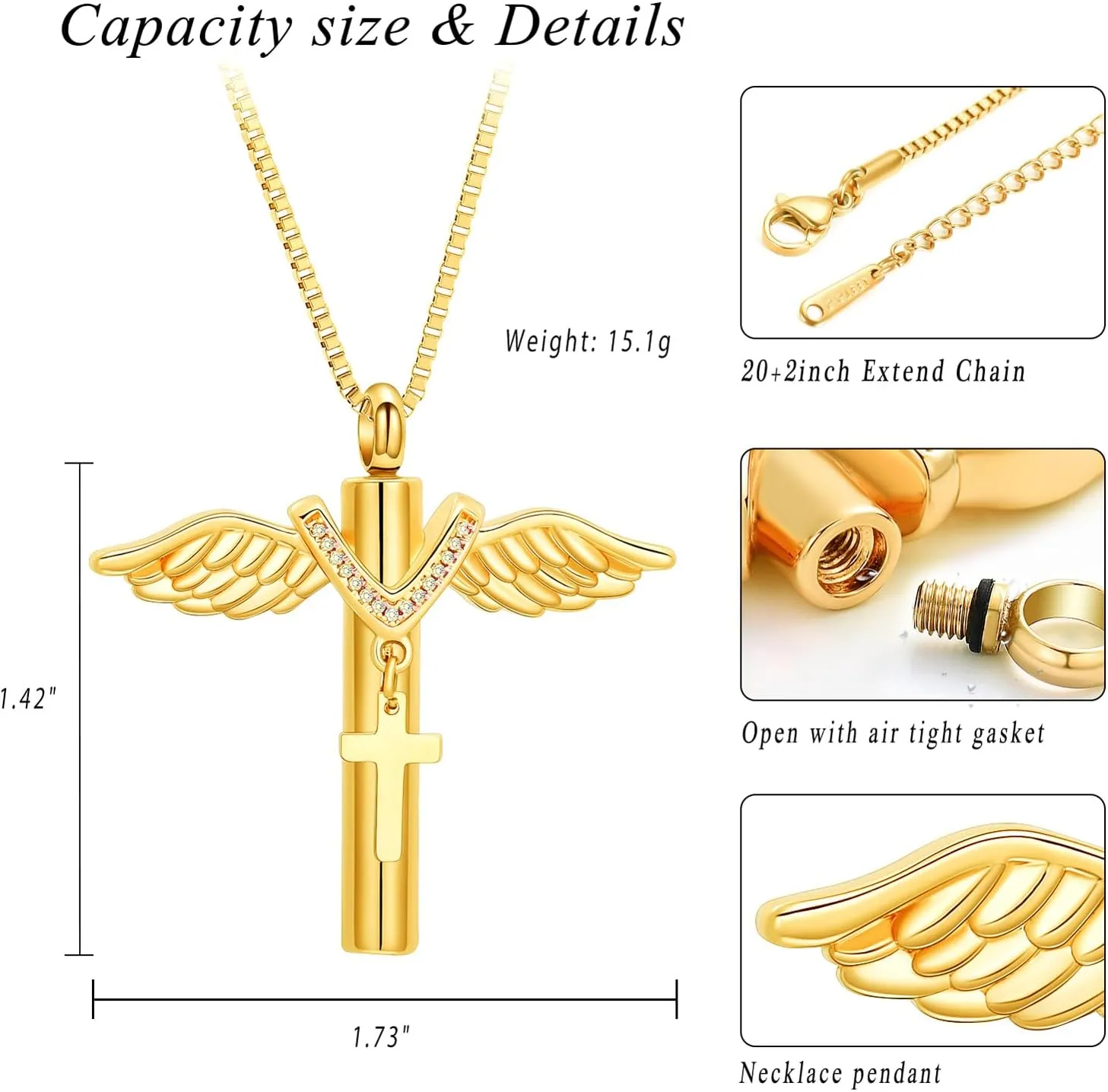 XSMZB Wings Cylinder Cremation Jewelry for Ashes Pendant Cross Urn Necklace for Ashes for Men Women Keepsake Locket Jewelry